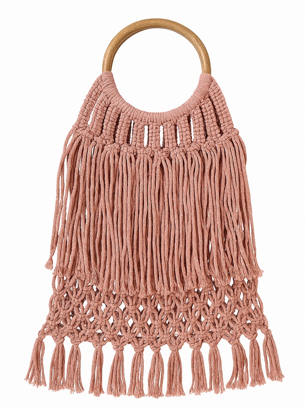 Boho Macrame Fringe Tote Bag w/ Wooden Ring Handles – Dusty Pink Handmade